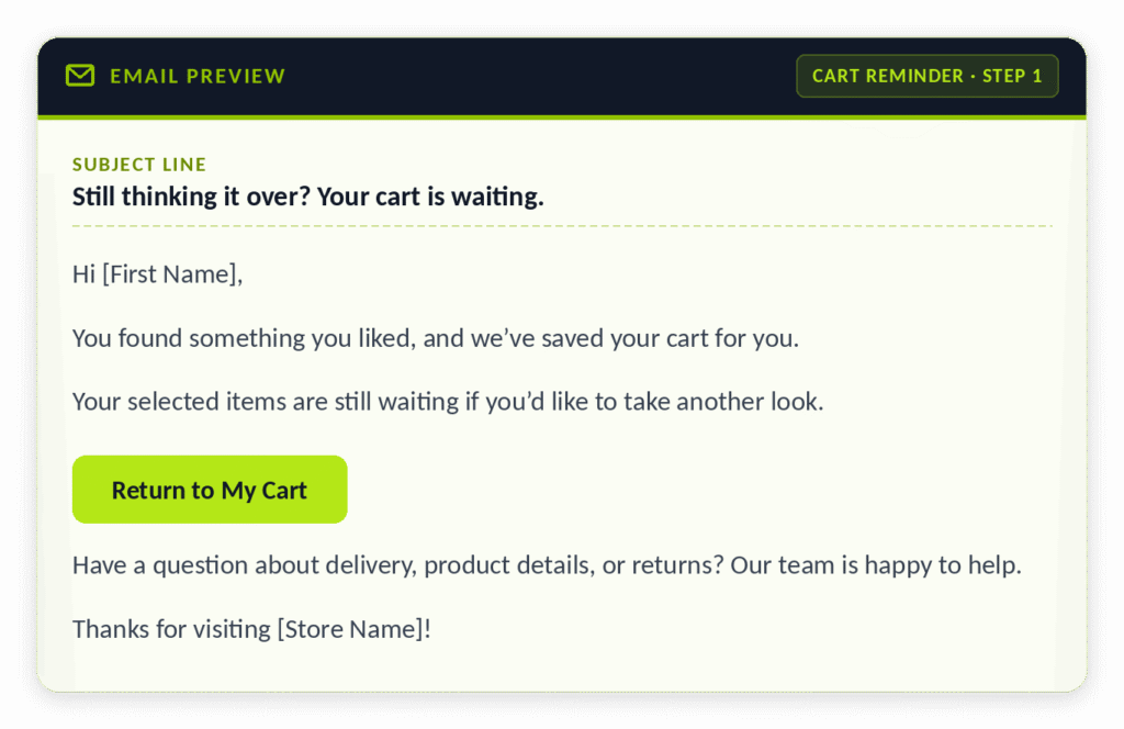 Abandoned cart email example